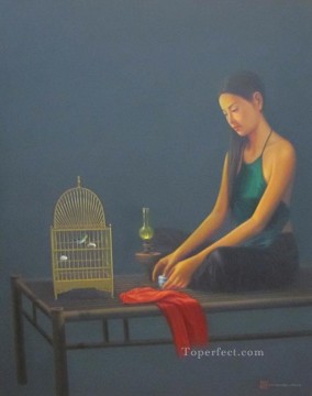 花 鳥 Painting - 鳥かごを持つ女性 ベトナム人 アジア人